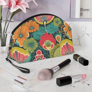 Borsa per il trucco Borsa cosmetica in pelle vegana Borsa da viaggio Borsa per il trucco con cerniera Fiori retrò Giardino di mezzanotte retrò