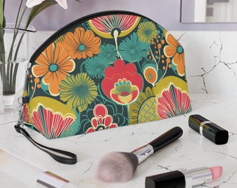 Makeup Bag Vegan Leather Cosmetic Bag Travel Bag Makeup Bag with Zipper Retro Flowers Retro Midnight Garden