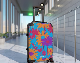 Bold Retro Daisies Suitcase, Pink, Blue, Orange with Personalization Option