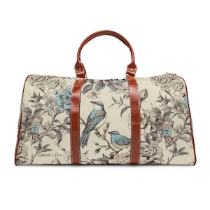 Wasserdichte Reisetasche, Weekender, Weekender aus Weichem Französisch Toile Beige mit Blauen Vögeln