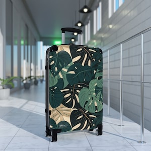 Tropisch bruingroene en zwarte monsterabladeren, koffer, handbagage, koffer wordt geleverd in 3 maten, handbagage: 22 inch, M 27 inch, L 31 inch