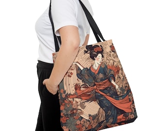 Traditional Japanese Art of a Geisha Girl.  Spacious Tote Bag for Travel, Shopping, Weekend Getaways.  Made In The USA. Available in 3 Sizes