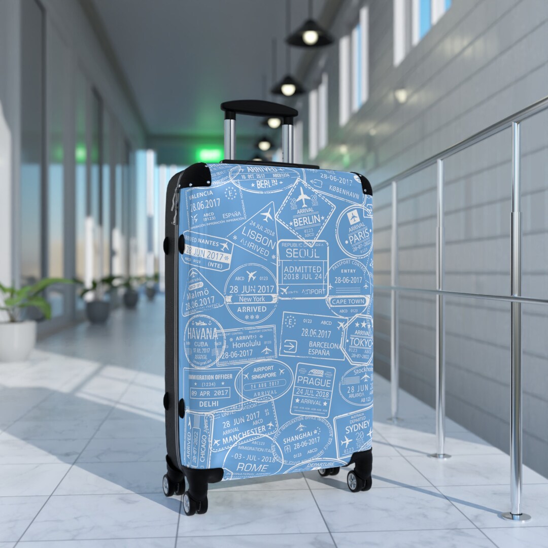 Light Blue Passport Stamps Suitcase, World Traveler, Available in