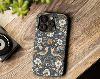William Morris inspired Birds on Blue Phone Case for iPhone Samsung or Google Pixel Devices Tough and Protective Electric Blue Leaves