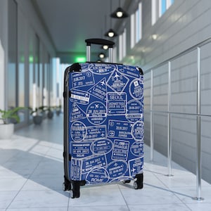 Blue Passport Stamps Suitcase, World Traveler, Available In 3 Sizes, Carry On 22 in, M 27 in, L 31 in, 360 Degree Swivel Wheels