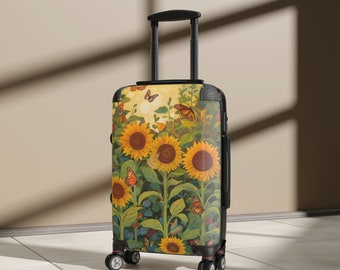 Sunflowers and Butterflies Suitcases, Available in 3 Sizes, Carry On 22 in, M 27 in L 31 in, 360 Degree Swivel Wheels, Adjustable Handle