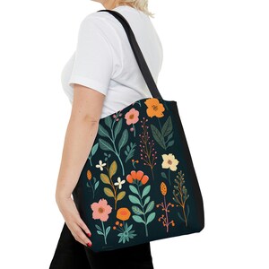 Folk Art Floral Sturdy Tote Bag in our Midnight in the Garden of Good Pattern Available in 3 Sizes