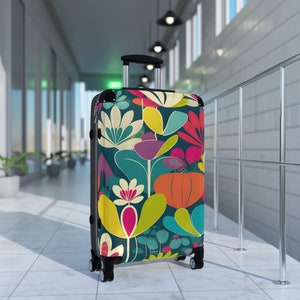 Retrobloemen in ons funky fauna-ontwerp, rolkoffer, verkrijgbaar in 3 maten, handbagage: 22 inch, M 27 inch, L 31 inch, 360 graden draaibare wielen