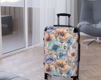 Maleta rígida con ruedas y diseño floral de amapolas y ruedas giratorias