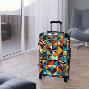 Bold Geometric Design Suitcase, Pink, Blue, Orange, Available In 3 Sizes, Carry On 22 in, M 27 in, L 31 in, 360 Degree Swivel Wheels
