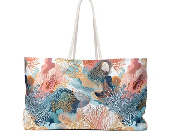 Beach Bag in the Tranquil Coral Reef Design, Abstract Coral Reef, Weekender Bag, Large Tote Bag, Travel Bag, Rope Handles, Beach Bag