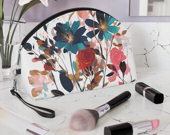 Makeup Bag Vegan Leather Cosmetic Bag Travel Bag Makeup Bag with Zipper with Jewl Tone Flowers