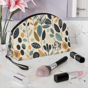 Makeup Bag Vegan Leather Cosmetic Bag Travel Bag Makeup Bag with Zipper with Boho Botanicals