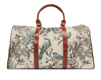 Waterproof Travel Bag, Duffle Bag, Weekender in Soft  French Toile Beige with Blue Birds