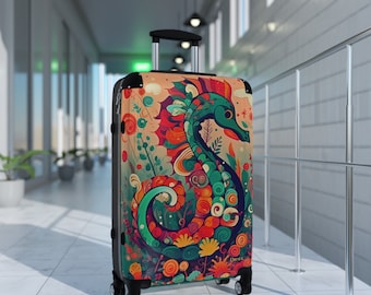Colorful Tropical SeaHorse Suitcase, Available in 3 sizes, Carry On 22 in, M 27 in, L 31 in, 360 Degree Swivel Wheels, Adjustable Handle