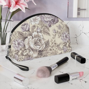 Makeup Bag Toiletry Bag Cream French Toile with Lavender Roses Cosmetic Bag