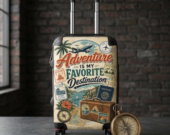 Rollende reisbagage, reispaspoorthoes en bagagelabel, vintage 'Adventure Is My Favorite Destination'-ontwerp