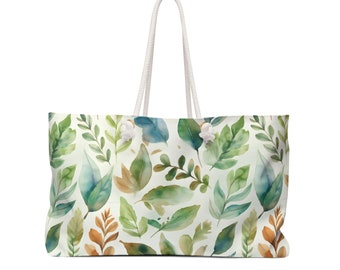 Watercolor Botanical Beach Bag, Large Weekender Tote, Rope Handles