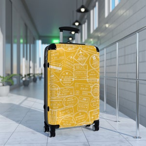 Yellow Passport Stamps Suitcase, World Traveler, Available In 3 Sizes, Carry On 22 in, M 27 in, L 31 in, 360 Degree Swivel Wheels