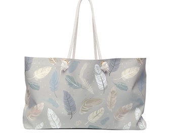 Boho Feather Weekender Bag, Large Tote with Rope Handles