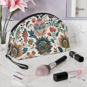 Makeup Bag Vegan Leather Cosmetic Bag Travel Bag Makeup Bag Folk Art Flowers
