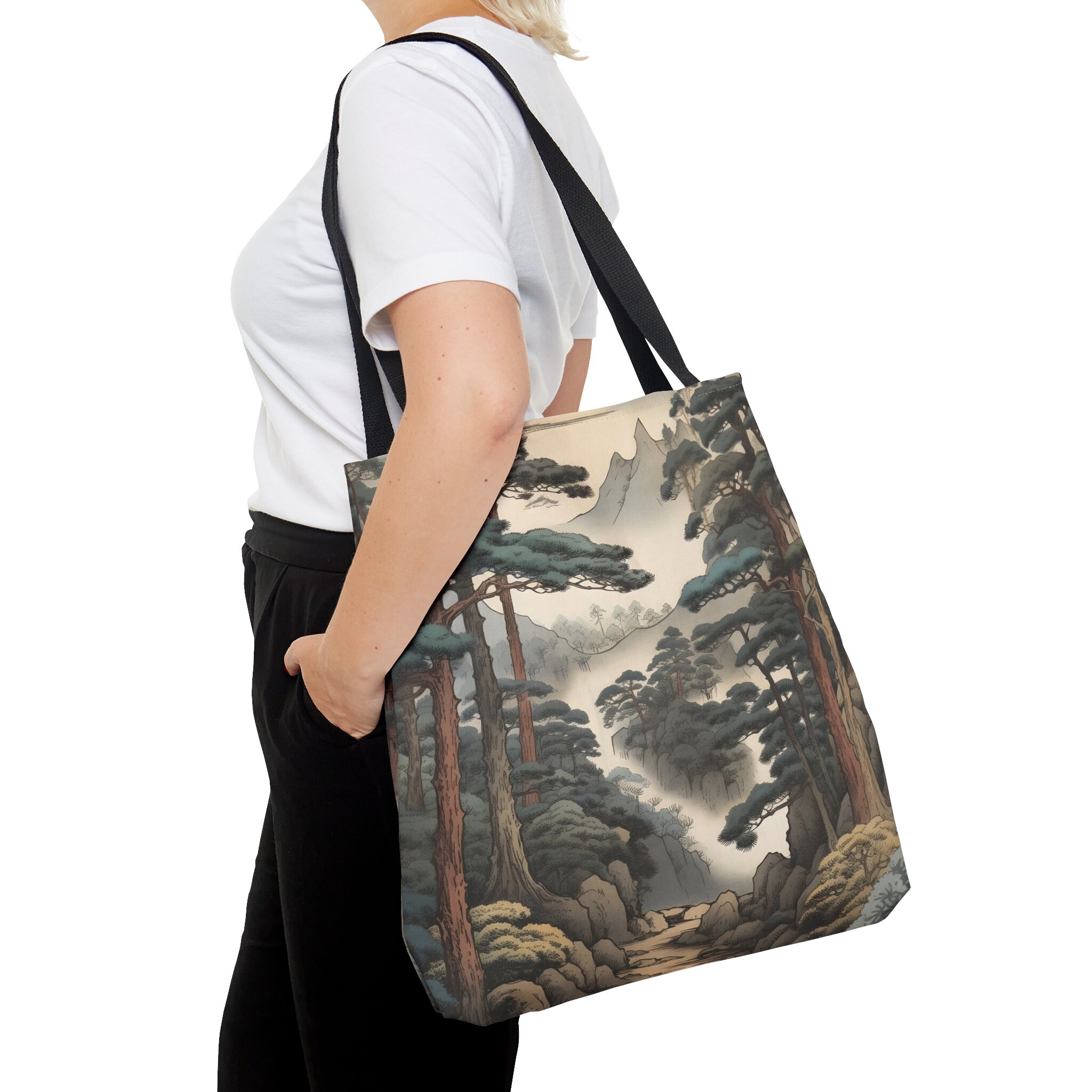 Beautiful Ukiyo-Art Inspired Misty Forest Tote Bag, Made In USA, Travel Tote, Gym Tote, Shopping Tote, Weekend Tote, Boxed Corners for Space
