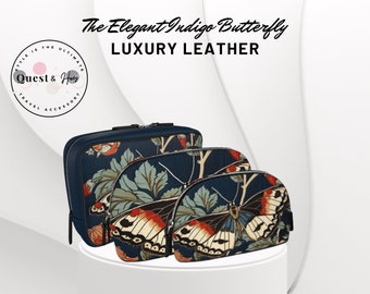 Large Make Up Bag Leather Arched Zip Top Cosmetic Bag The Elegant Indigo Butterfly Professionally Handmade