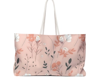 Blush Pink Floral Weekender Bag, Large Tote Bag, Rope Handles