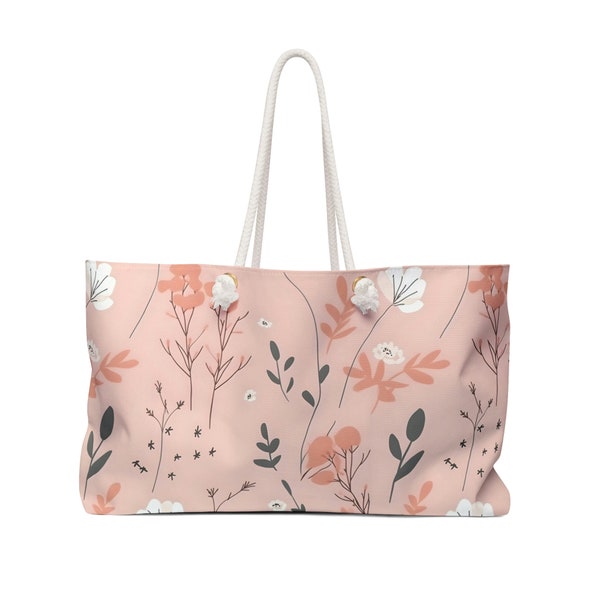 Blush Pink Floral Weekender Bag, Large Tote Bag, Rope Handles