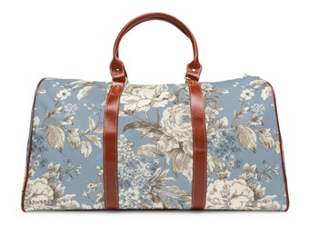 Waterproof Travel Bag Duffle Bag Weekender in French Toile in Blue with Cream Roses