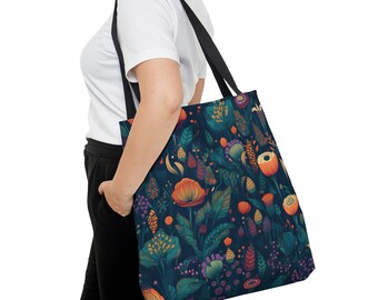 Retro Magical Fantasy Flower Tote Bag,  Travel Tote, Gym Tote, Shopping Tote, Weekend Tote, Boxed Corners for Space, Fantasy Flora