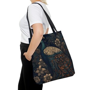 Motif paon élégant sur un sac fourre-tout robuste, cartable, dos de livre, sac de voyage, sac de week-end, disponible en 3 tailles