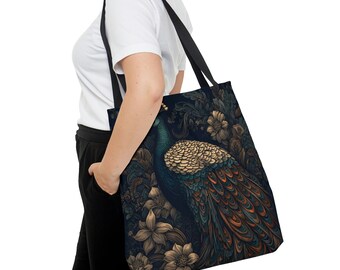 Elegant Peacock Design on a Sturdy Tote Bag, School Bag, Book Back, Travel Bag, Weekender Bag, Available in 3 Sizes