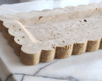 12"x6" Travertine Scalloped Tray, Catchall Tray, Rectangle Tray, Entryway Catcher, Jewelry Plate, Necklace Parfume Organizer, Bathroom Decor