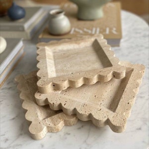 8x8 Travertine Scalloped Tray, Catchall Tray, Square Tray, Entryway Catcher, Jewelry Plate, Necklace Parfume Organizer, Bathroom Decor image 1