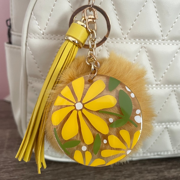 Vibrant Keychain with Flower Pattern, Matching Tassel and Pompom for Women and Girls | Drive Car Keys | Fashionable Gift For Her