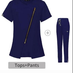 May include: A navy blue scrub top with a gold zipper detail and matching navy blue scrub pants. The text "Tops+Pants" is displayed below the image.