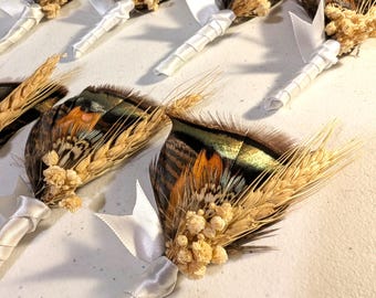 Natural Wild Turkey and Pheasant Feather Groomsmen Boutonniere or Lapel - Blue
