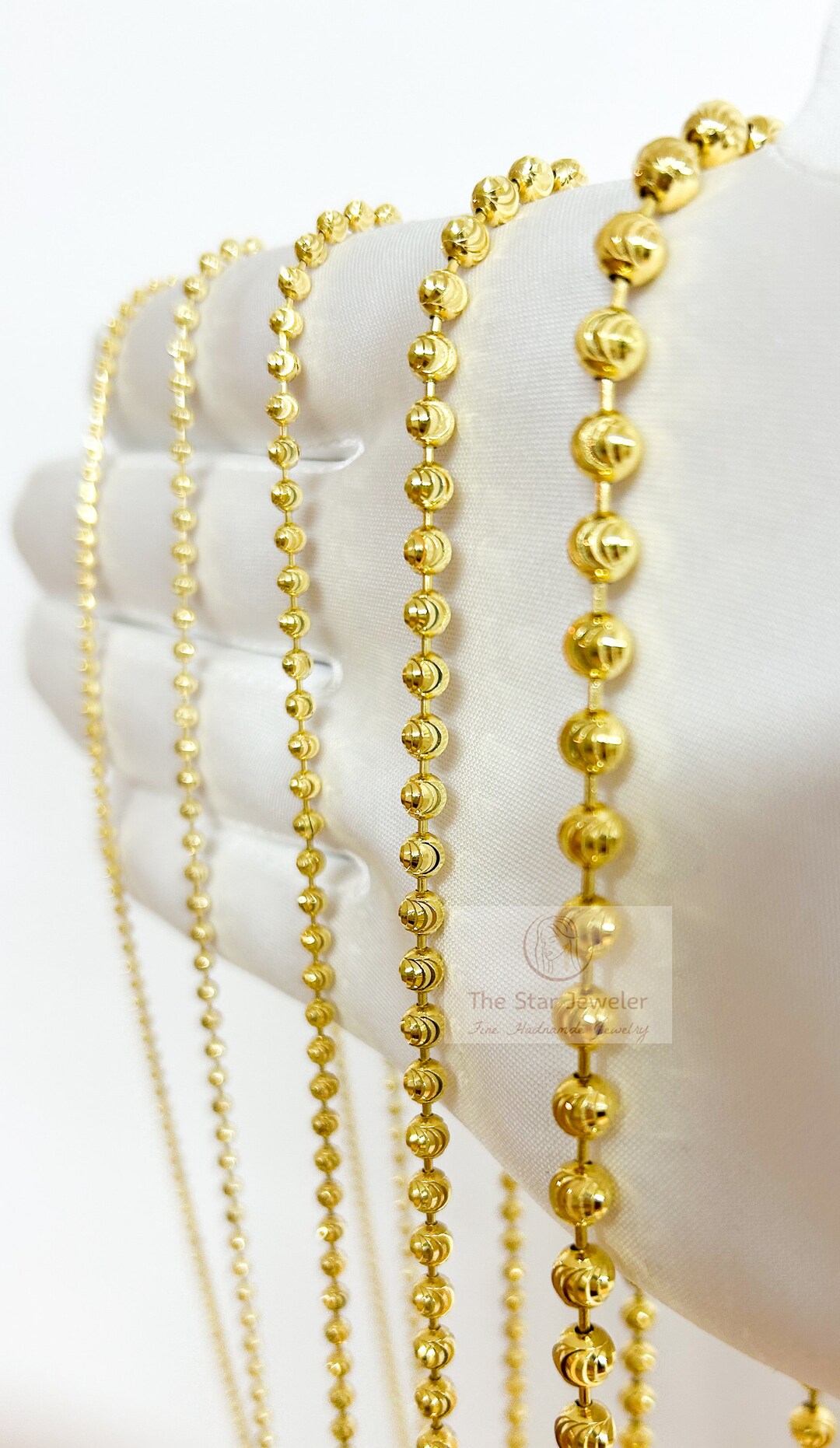 14K Solid Pure Gold Round Ball Chain, Gold Bead Chain, Gold Moon Cut Ball Chain, Men/woman Chain