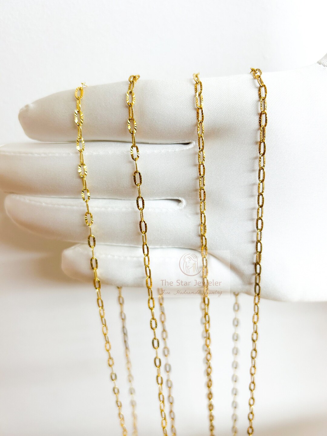 Yellow Gold Paperclip Chain, Thin Silver Cable Chain, Yellow Gold
