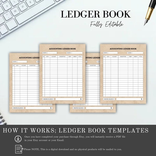 Printable Ledger Book, Custom Name Account Journal, Monogrammed Financial Planner, Unique Bookkeeping Gift Idea, Office Record Book