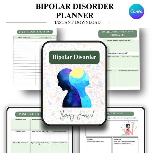 Bipolar Disorder Therapy Planner, Mood Tracker Journal, Mental Health Organizer, Self-Care Log, Mood Disorder Support