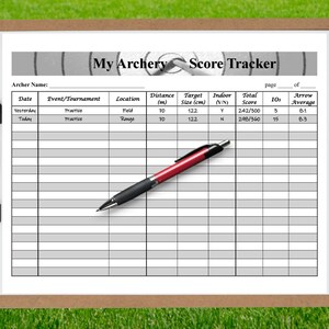 May include: A black and white printable archery score tracker sheet with the title "My Archery Score Tracker" and columns for date, event/tournament, location, distance (m), target size (cm), indoor (Y/N), total score, 10s, and arrow average.