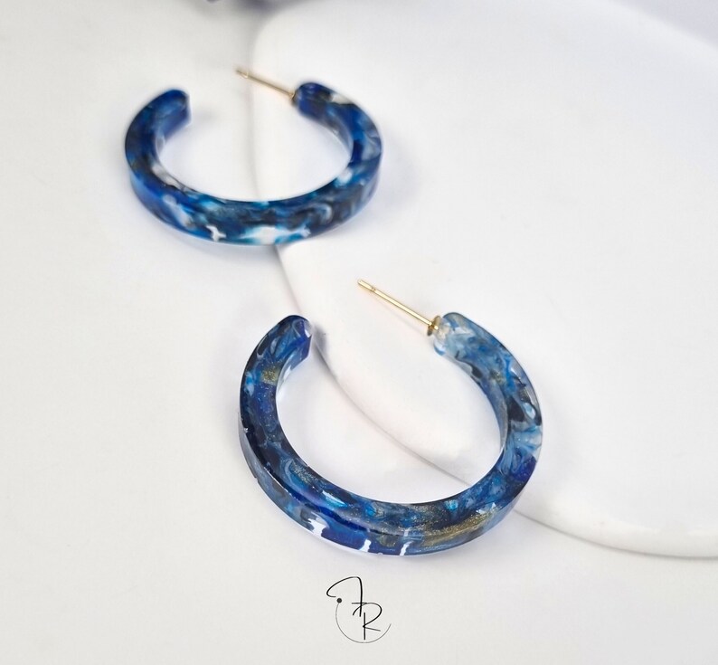 Blue Black Resin Hoop Earrings, Tortoise Shell Hoops, Resin Statement Earrings, Unique Handmade Resin Jewelry