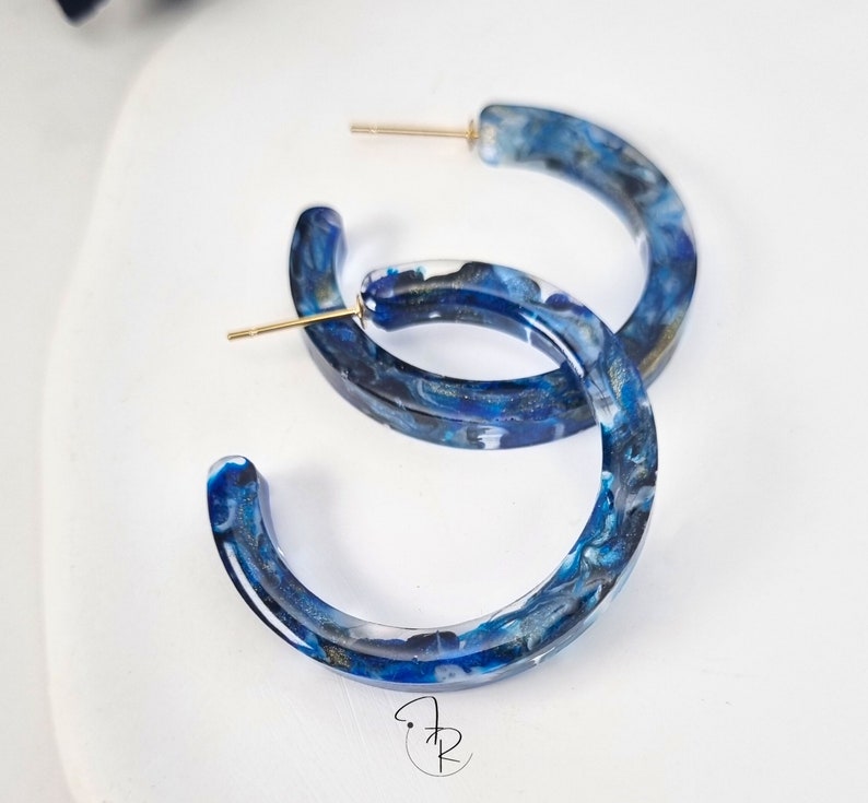 Blue Black Resin Hoop Earrings, Tortoise Shell Hoops, Resin Statement Earrings, Unique Handmade Resin Jewelry