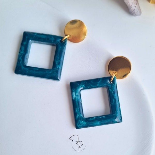 Pendientes Square Dangle de color verde esmeralda y oro, pendientes de resina, pendientes colgantes de acero inoxidable/pendientes Rhombus Green, ideas de regalos para mujeres