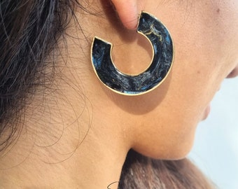 Big Black Hoop, Tortoise Shell Hoop Resin Edgy Earrings, Flat Hoop Earrings, Blue and Black Earrings, Chunky Hoop Earrings, Statement Hoops