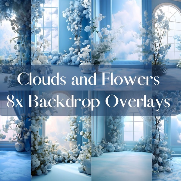 Clouds and Blue Flowers Maternity Backdrop, Photoshop Overlays , Studio Backdrop Overlays, Fine Art Textures, Backdrop Bundle