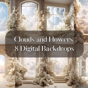 May include: Eight digital backdrops featuring a white, ornate archway with white flowers and clouds in the background. The backdrops are ideal for photography and digital art.