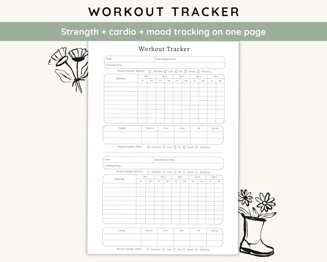 Workout Tracker Printable | Fitness Log PDF | Strength & Cardio | Mood ...